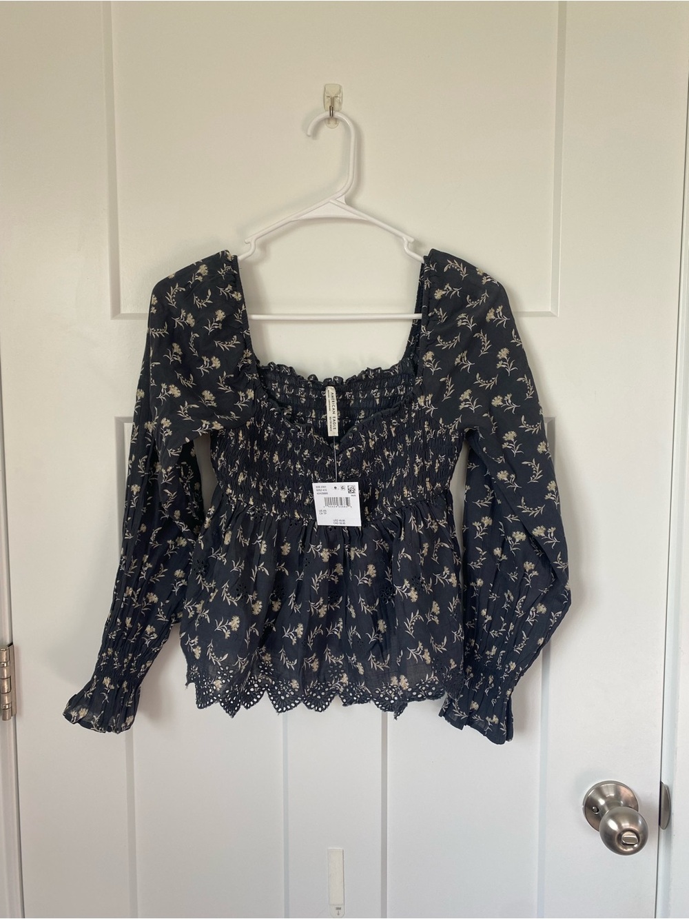 NWT AE Long-Sleeve Smocked Babydoll Blouse